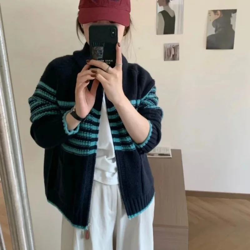 

Women Clothing Autumn Winter Fashion Korean Casual Zipper Color Blocking Knitting Cardigan Female Appear Thin Sweater Loosecoat