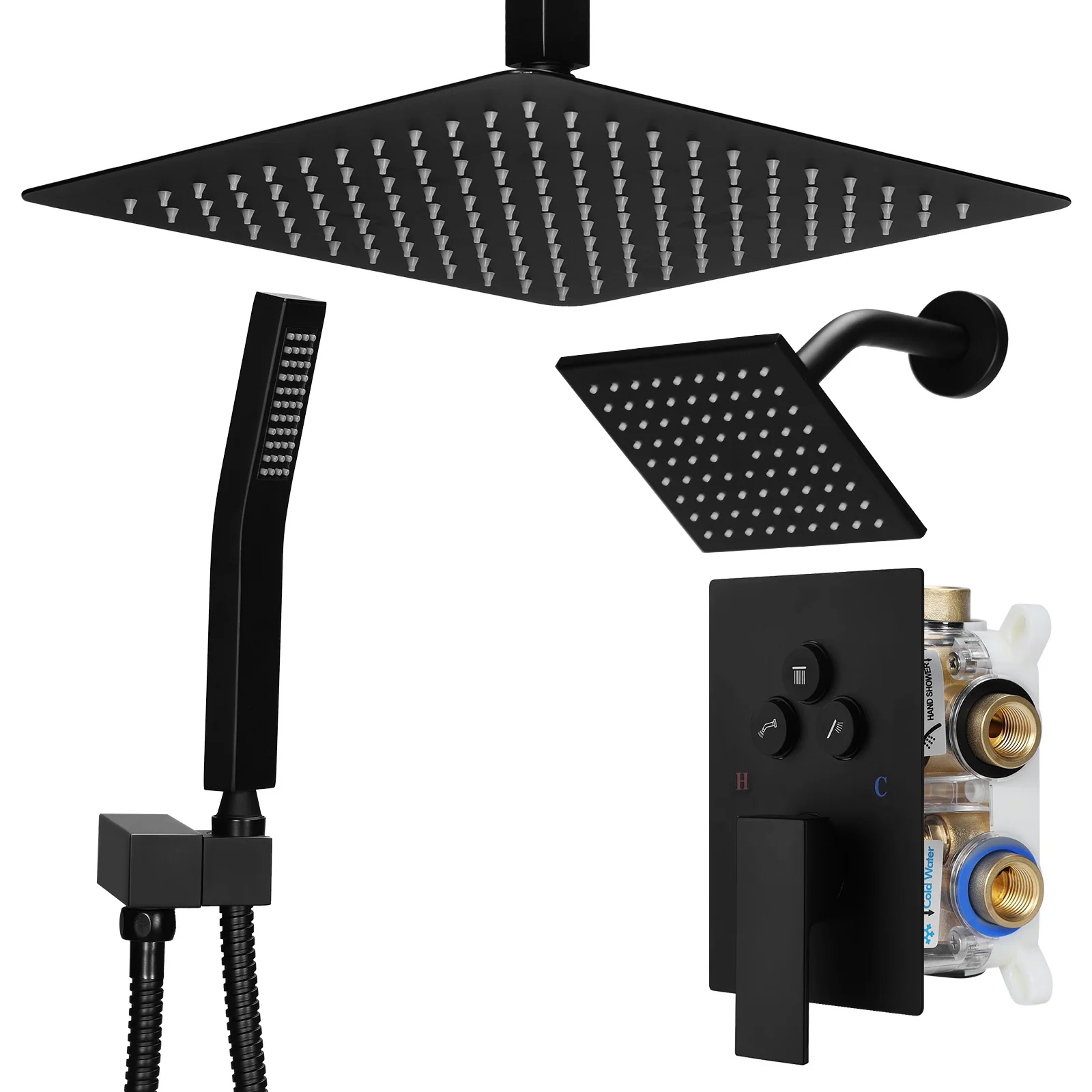 

Shower Shower System Set W/12in Ceiling Mount 6in Wall Mount Showers Head Push Button Diverter with 2 in 1 Handheld for Bathroom