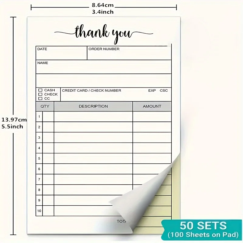 1 receipt book, carbonless paper - sales order, small business invoice book - (50 each white/yellow)