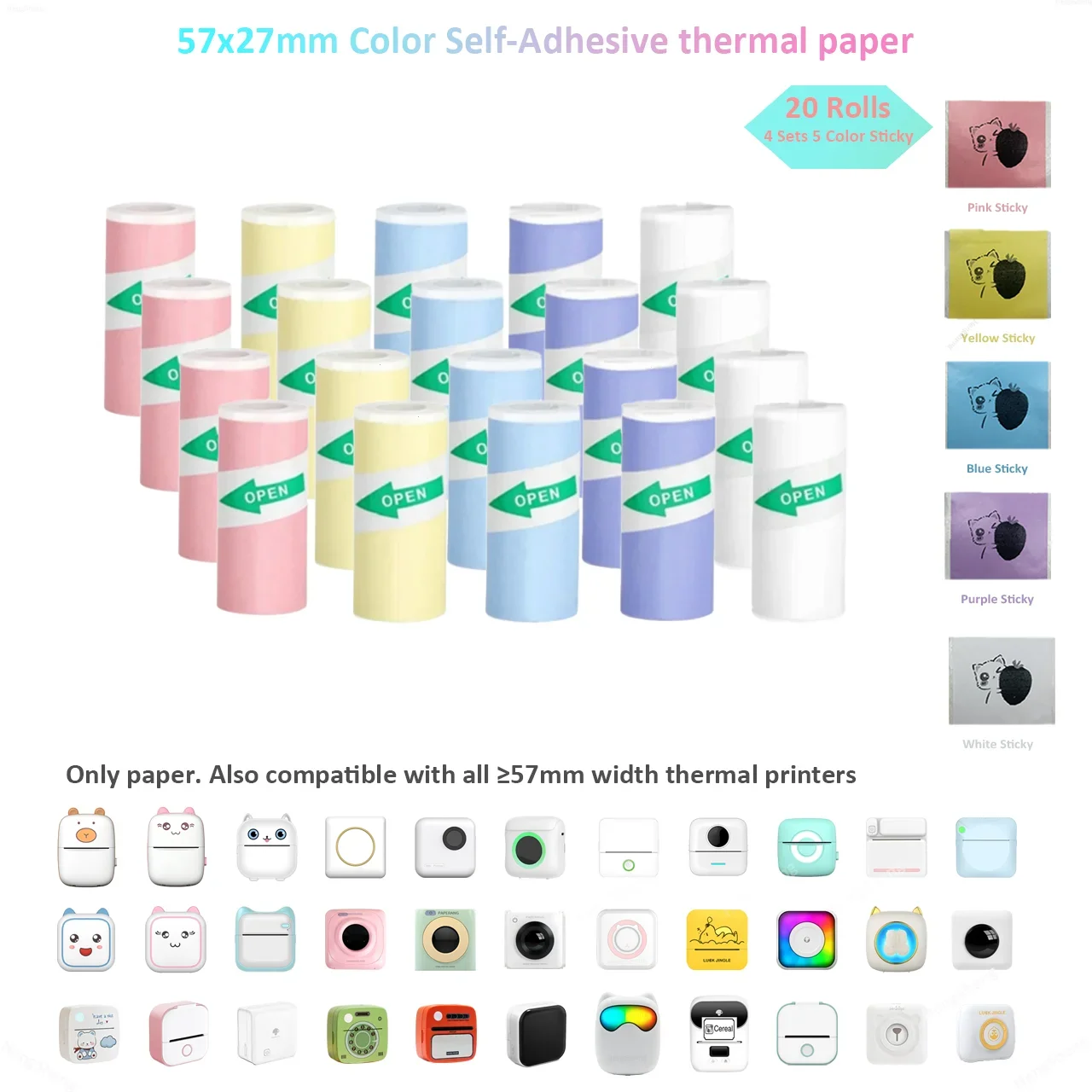 20 Rolls Mini Printer Paper, Self-adhesive Thermal Paper, Printable Sticker Paper for Pocket Thermal Printers