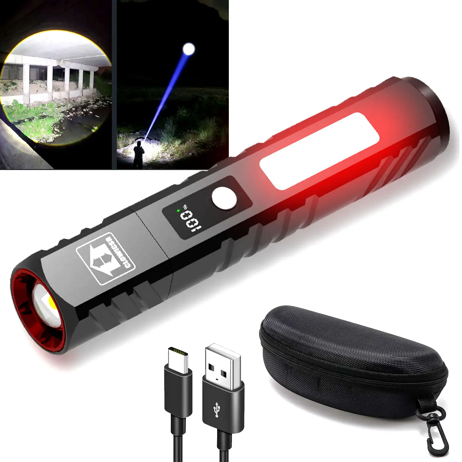 

Портативные перезаряжаемые светодиодные фонари высокой мощности с экраном дисплея, зум, тактический фонарь с аварийными боковыми фонарями, фонарь