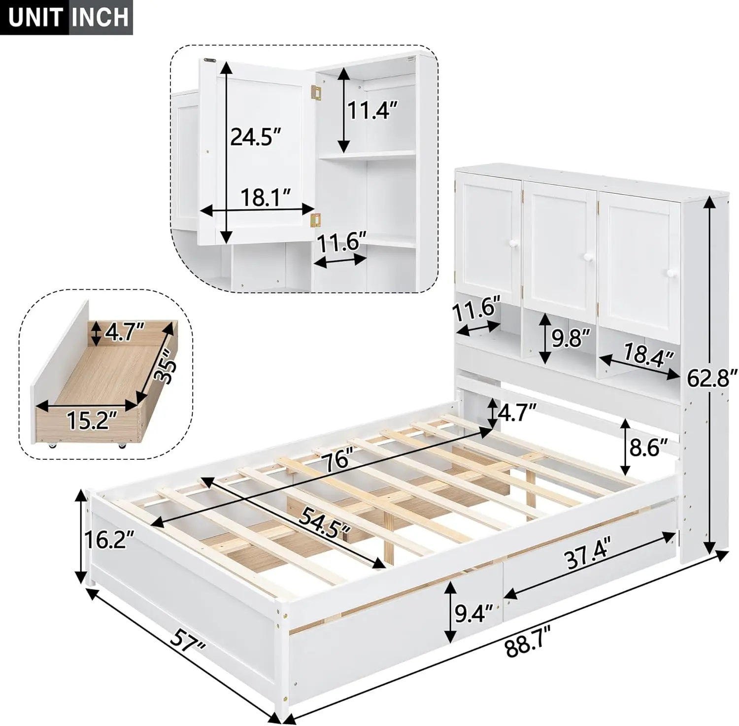 Full Size Bed Frame with Bookcase Headboard , Wood Platform Bed Frame Full,No Box Spring Needed,Mattress Foundation(White)