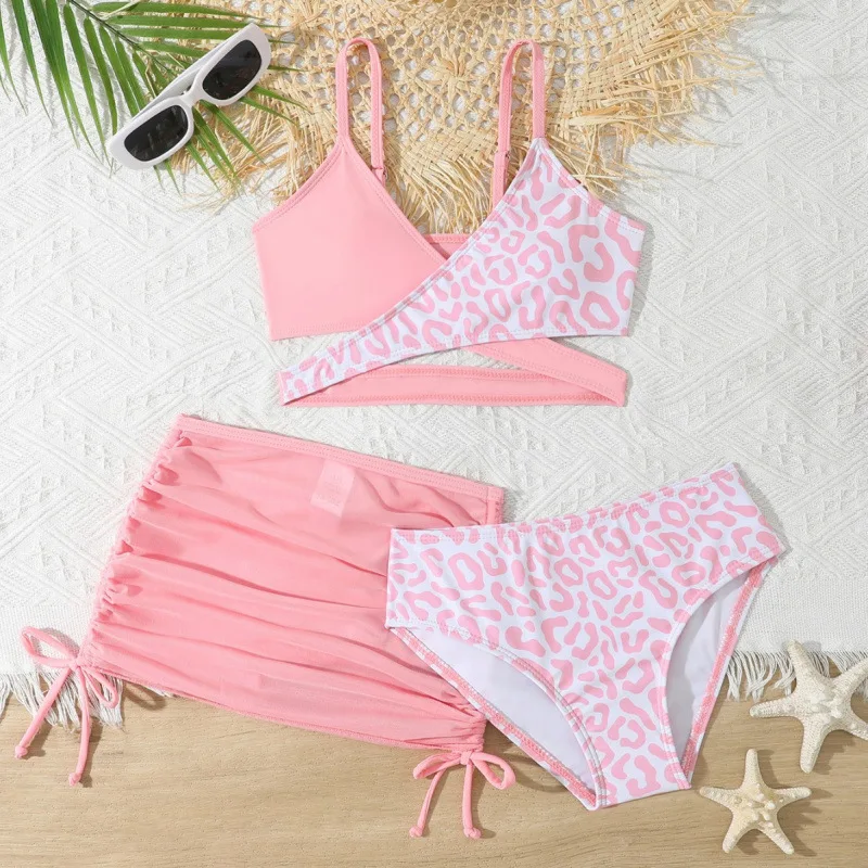 

Girls 3pack Pink Leopard Cross Wrap High Waist Bikini Beach Skirt Kids Swimsuit 7-12 Years Children's Swimwear Bathing Suit Girl