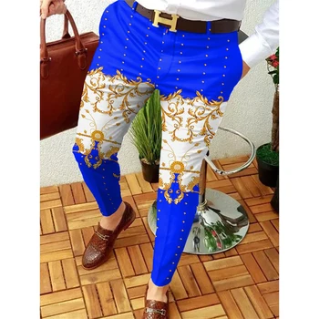 Vintage Pattern Print Slim Pencil Pants Men 2023 Spring Summer Casual Mid Waist Straight Trouser Mens Trend Long Pant Streetwear