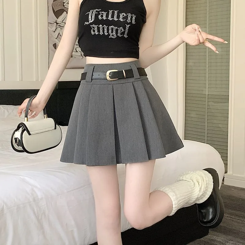 TFETTERS Women High Waist Pleated Mini Skirt Spring Summer Preppy Style A Line Short Skirt with Belt Casual Grey Skater Skirt