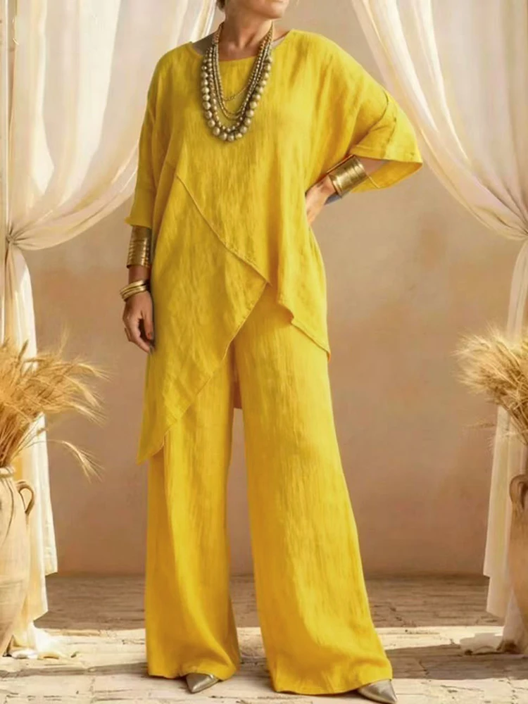 

Women Fashion Cotton Linen Irregular Outfits Casual 3/4 Sleeve Solid Loose 2Pc Suits Elegant Round Neck Pullover & Long Pant Set