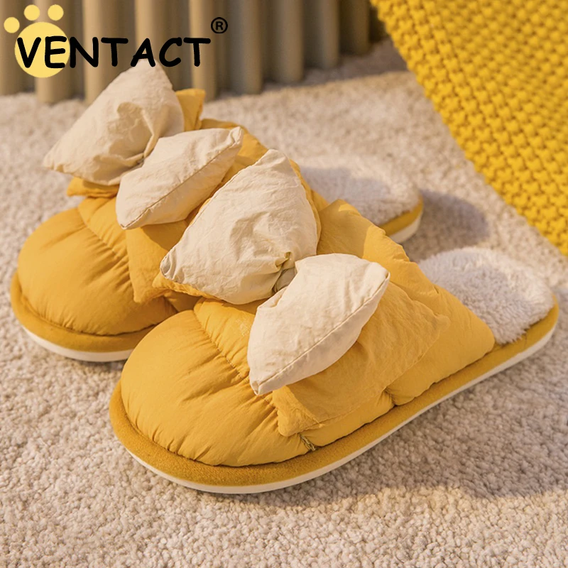 

VENTACT Women Winter Slippers Warm Fur Bowknot Fashion Flats Shoes For Men Plush Homewear Couple House Daily Cozy Slides