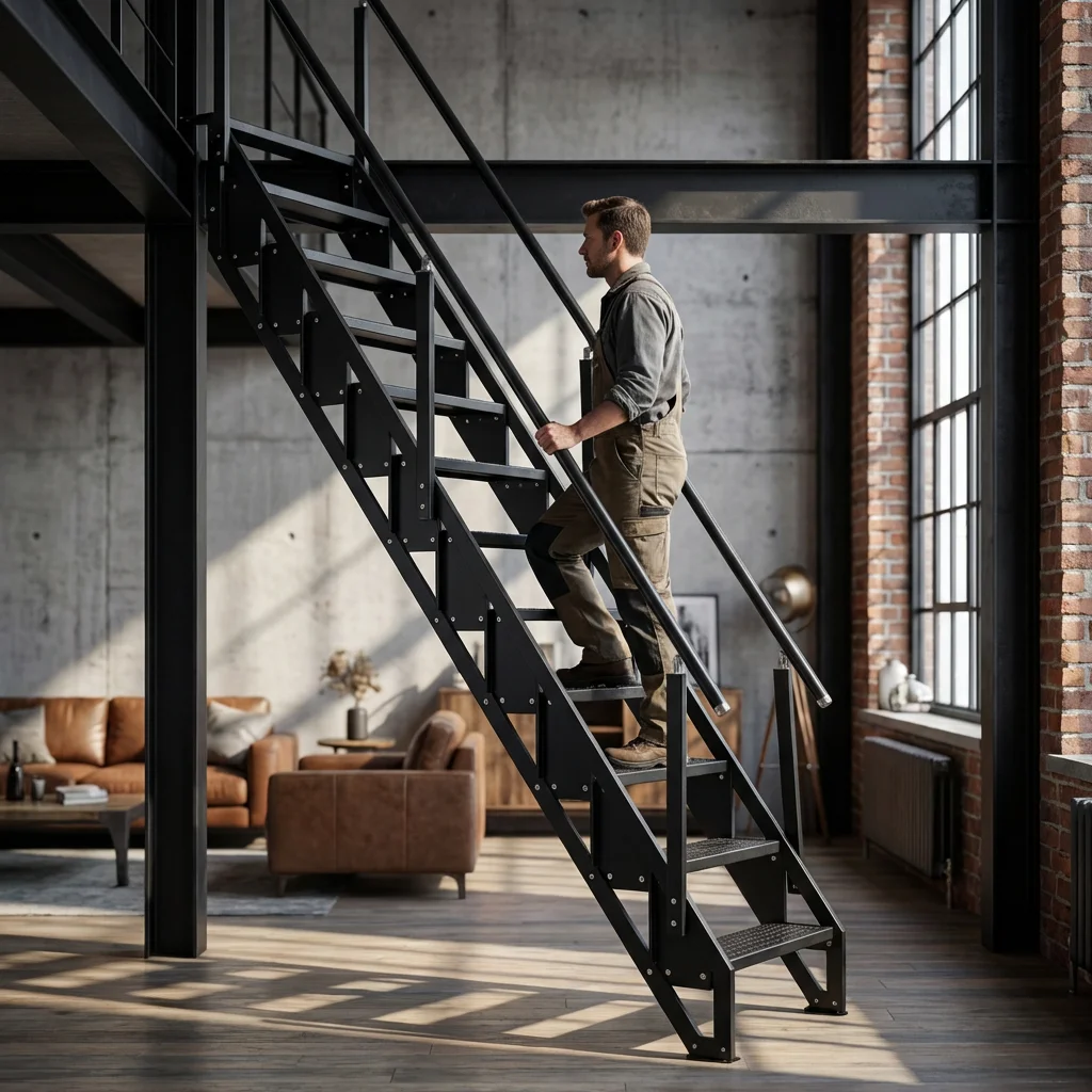 

！@Heavy Duty Carbon Steel Side Mounted Folding Staircase Anti-Rust Industrial Style for Home Villa & Commercial Use
