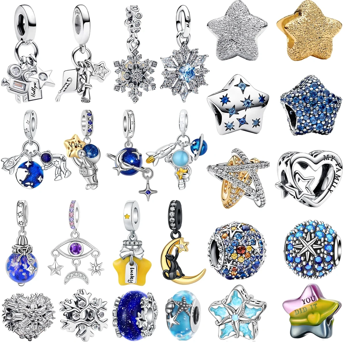 

925 Sterling Silver Star Moon Metal Charms Astronaut Shiny Gem Beads Pattern Pendant Original DIY Bracelets Necklaces Jewelry