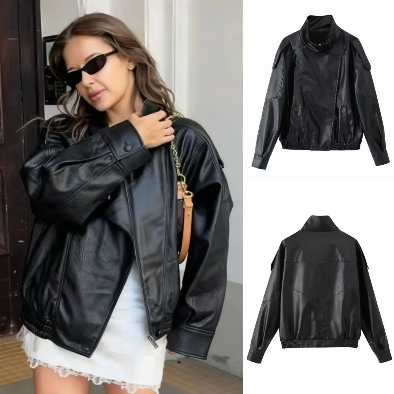 

KIDCRKJ Street Women Spring Leather Coat Black Stand Collar Elastic Hem Female Outwear Chic Minimalist Lady Motorcycle Jacket