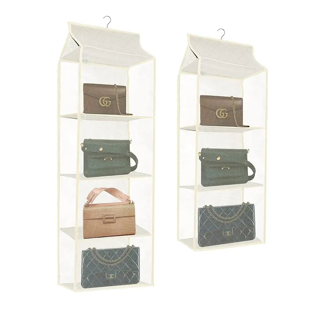 

2 Pa Hanging Handbag Purse Organizer For Closet, Purse Bag Storage Holder For Wardrobe Close With 1Pcs 4 Shelves Space And 1Pcs