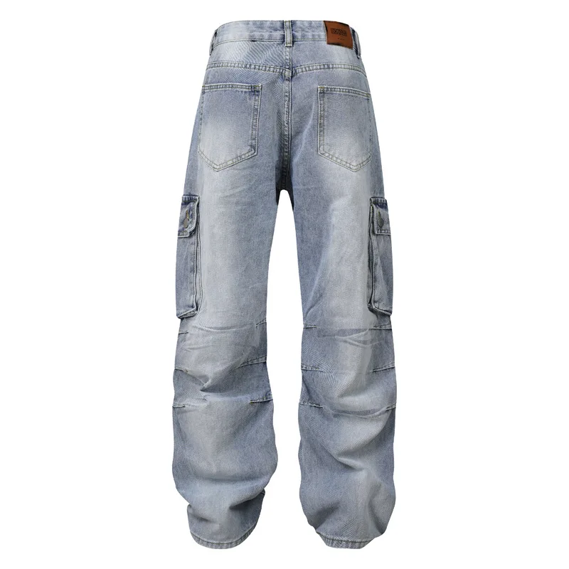 Men Fashion Oversized Hip Hop Cargo Jeans Pants With Multi Pockets High Street Loose Fit Y2K Denim Trousers Washed Retro Bottoms