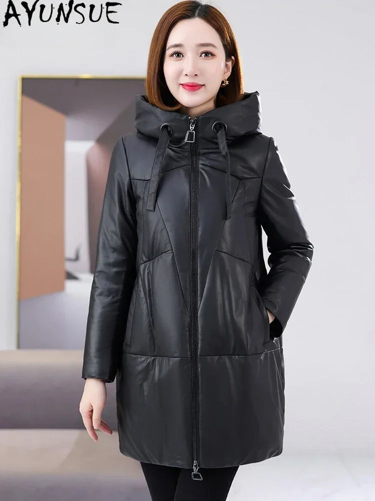 AYUNSUE 100% Real Leather Jacket Women Winter Mid-long White Duck Down Coats Hooded Sheepskin Coat Loose Outerwears Chaquetas