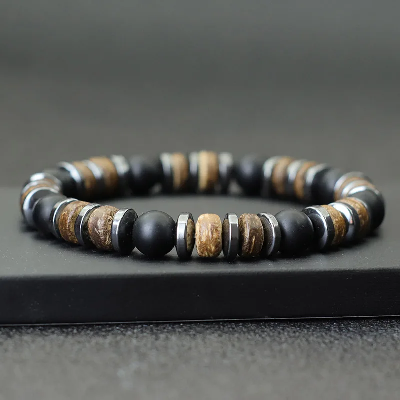 Nowa bransoletka męska w stylu vintage kamień naturalna drewniana bransoletka Homme hematyt bransoletka tygrysie oczy kokosowy koralik Brazalete Pulsera Hombre