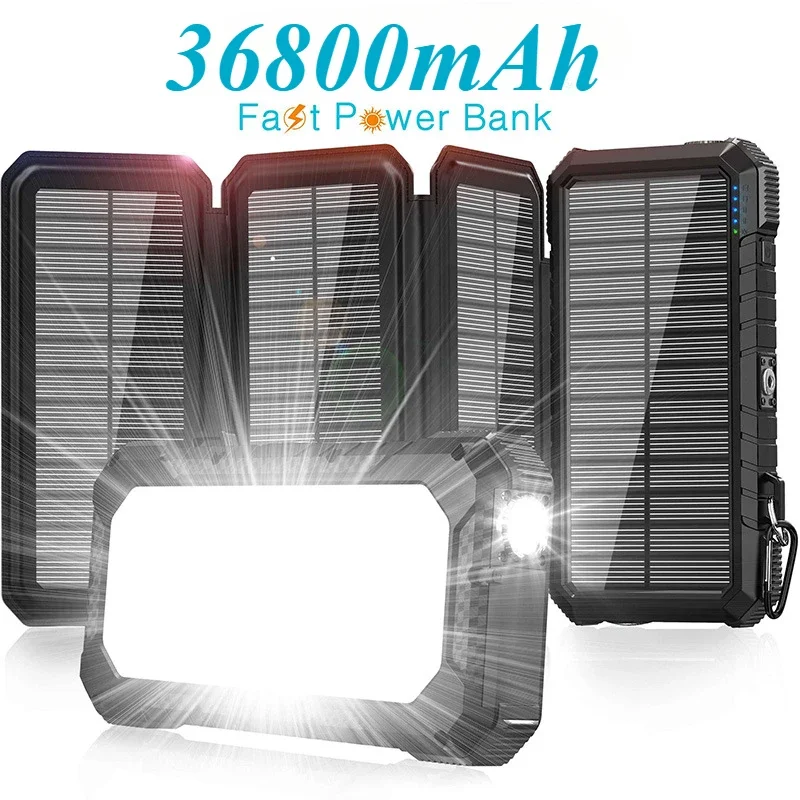 36800mAh Large Capacity Waterproof Solar Power Bank,Strong Light Camping Lamp 200000mAh Fast Charging Battery