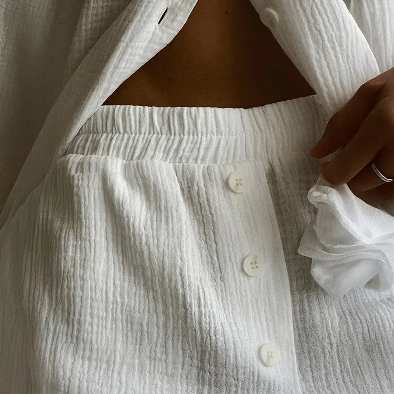 Fmxires pur coton chemise pantalon costume femmes décontracté revers haut plissé pantalon ample maison vêtements ensemble 2025 automne mode dame