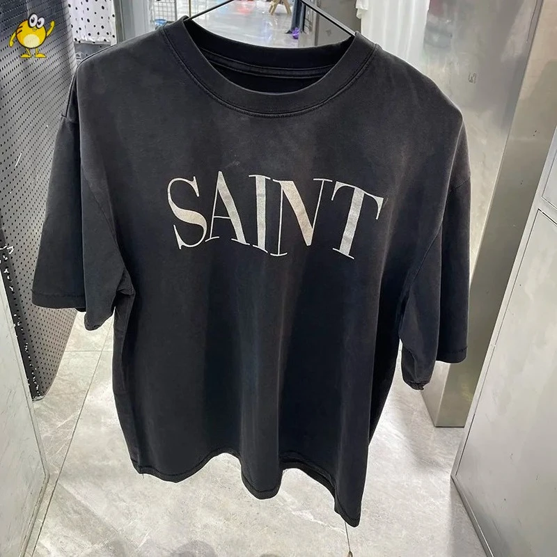 Retro SAINT logo short sleeved T-shirt for men and women's street wear, fashionable and casual summer printed top