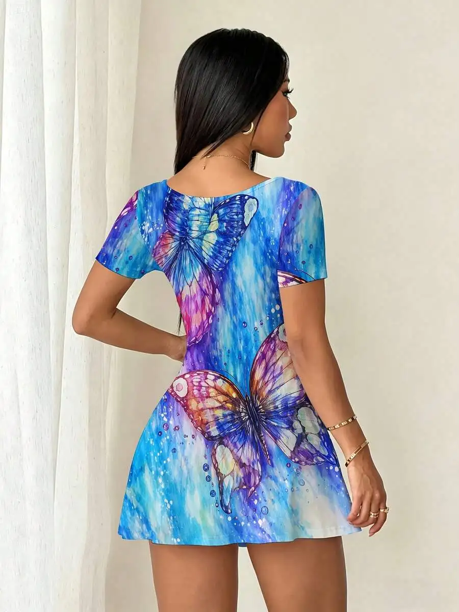 Butterfly Print Square Neck Fake Two Piece Tennis Dress High Elasticity Quick Drying Sports Dress With Pocket Summer Fitness