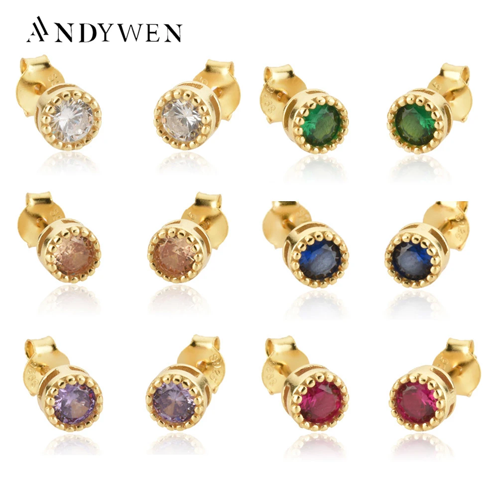 

ANDYWEN 925 Sterling Silver 12 Colors Round Zircon CZ Charm Stud Earring Women Piercing Pendiente Luxury Jewelry Gift Clips