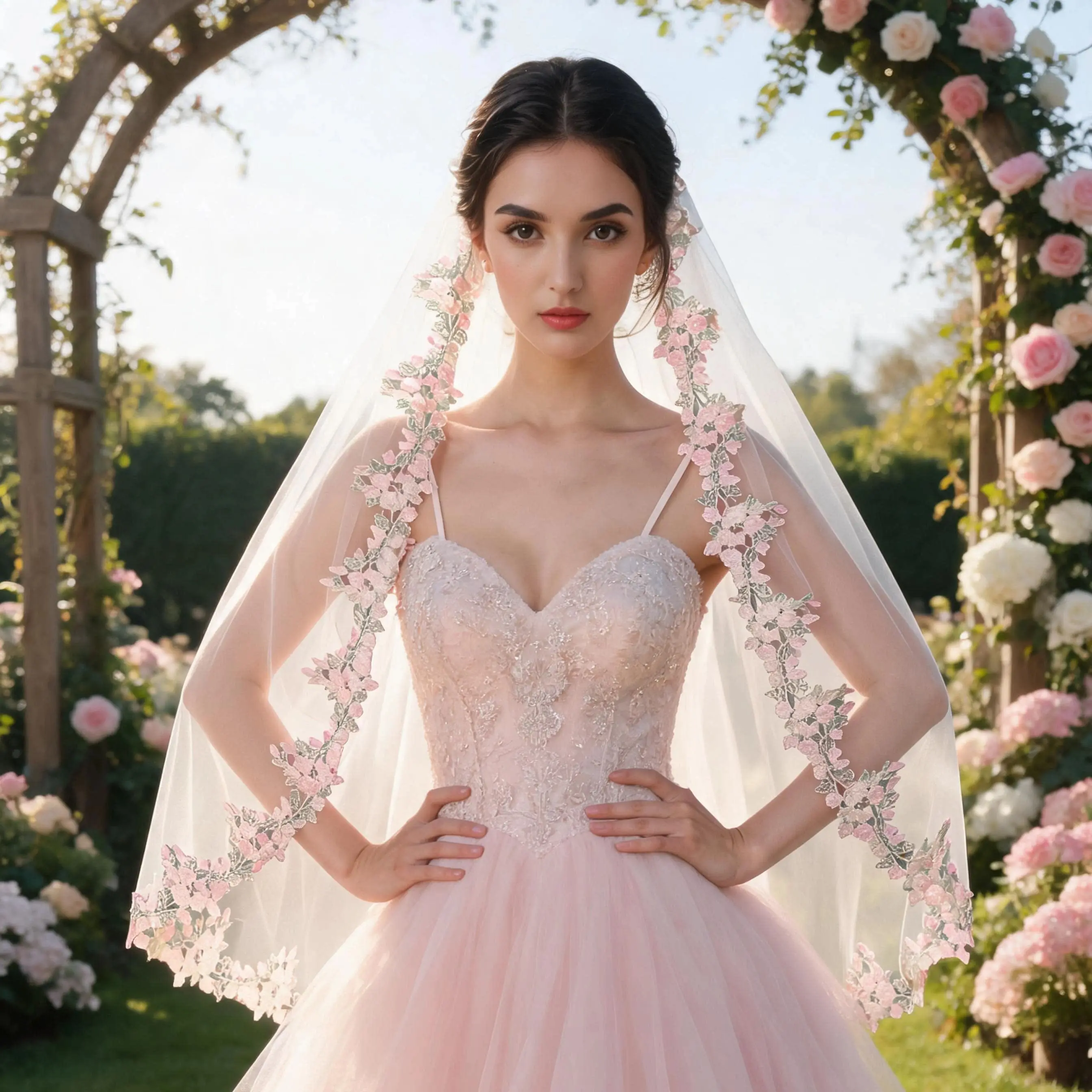 Embroidered Lace Trim Bridal Veil with Colorful Floral Lace Single-Layer Romantic Elegant Wedding Veil G109