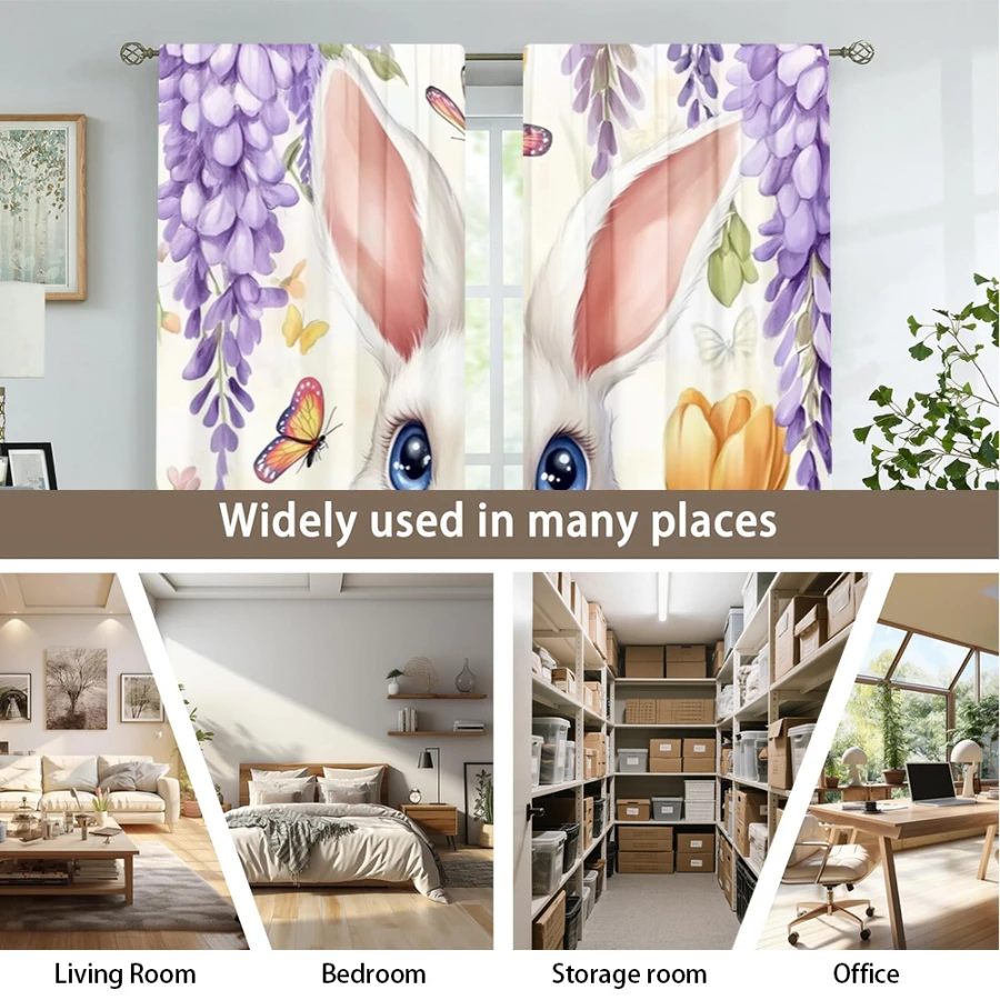 2PCS Digital Print  Curtain, Blue Eyes Rabbit, Bohemian Style  Curtain Panel for Home Living Room Bedroom Decor