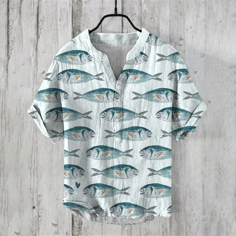 Camisa con cuello en V para hombre, camisa de manga corta, Vintage, lino, 3D, estampado de tiempo de campo, informal, Chic, fresco, estación independiente, China