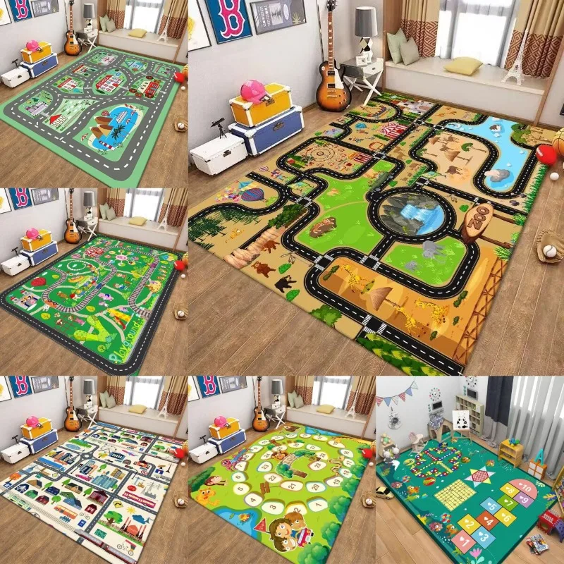 Kids Traffic Play Mat Road Map Rug Educational Carpet for Preschool Home Playroom Home Decoration Zoo Animal Number Design