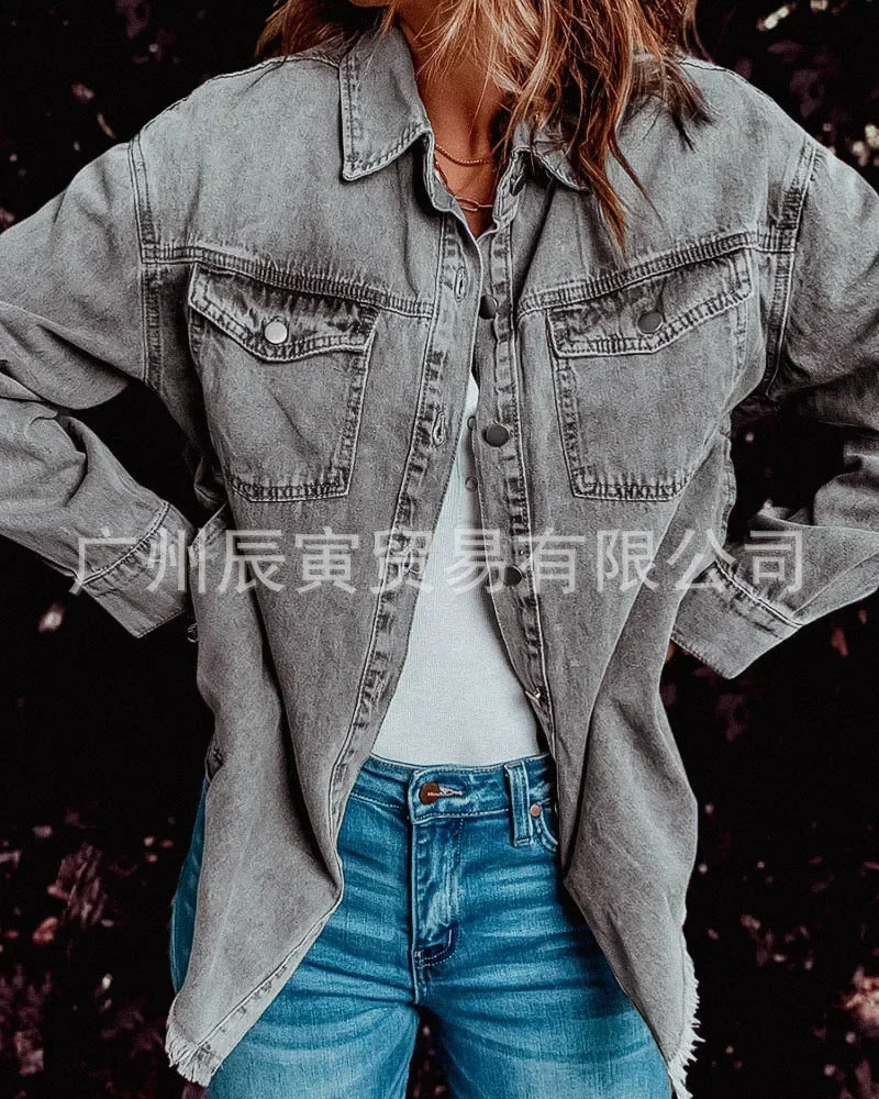 

Denim Jacket Women Coats Turn Down Collar Jackets Single Breasted Jackets Solid Cardigan Outerwear Pockets Casual Loose Button