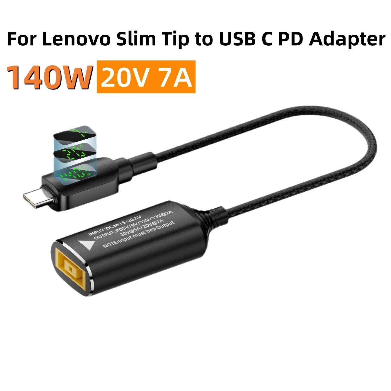 

140W USB C Charging Converter Cable for Lenovo Laptop Charger DC Square Plug To Type-C 5V-20V PD Adapter with Digital Display
