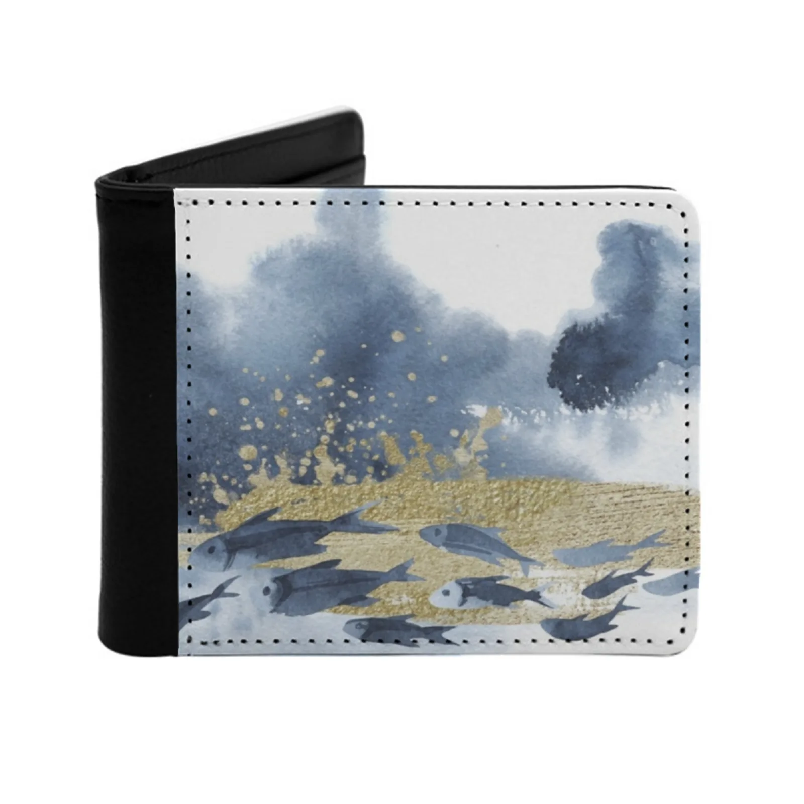 Złota szkoła Abstrakcyjne malarstwo akwarelowe Nowy portfel męski Krótki modny portfel ze skóry Pu Portfel na wiele kart Ryby Ryby