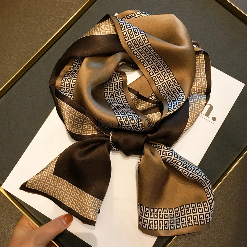 

Brown solid color frame silk long silk scarf women's spring and autumn new mulberry silk professional scarf