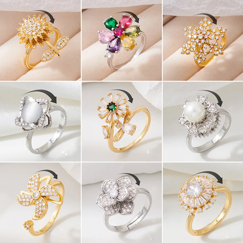 Exquisite Crystal Anxiety Rings For Women Fashion Daisy Rose Sunflower Anti Stress Fidget Spinner Ring Teens 2024 Aesthetic Gift