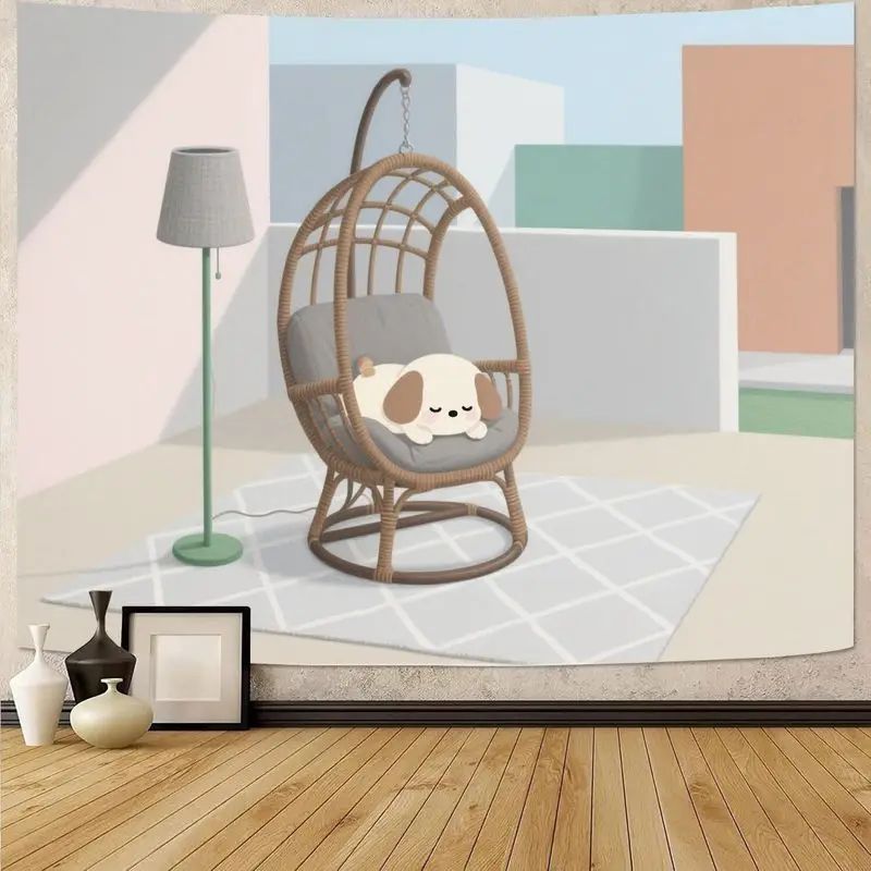 

1PC Cute Sleeping Dog Tapestry, Aesthetic Pastel Balcony Scene with Rattan Chair Wall Art, Modern Bedroom Living Room Decor Gift