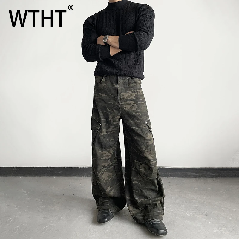 

WTHT Fashion Men's Camouflage Spliced Big Pockets Denim Pant Vintage American Style Wide Leg Loose Jeans Male 2026 Spring 2A2670
