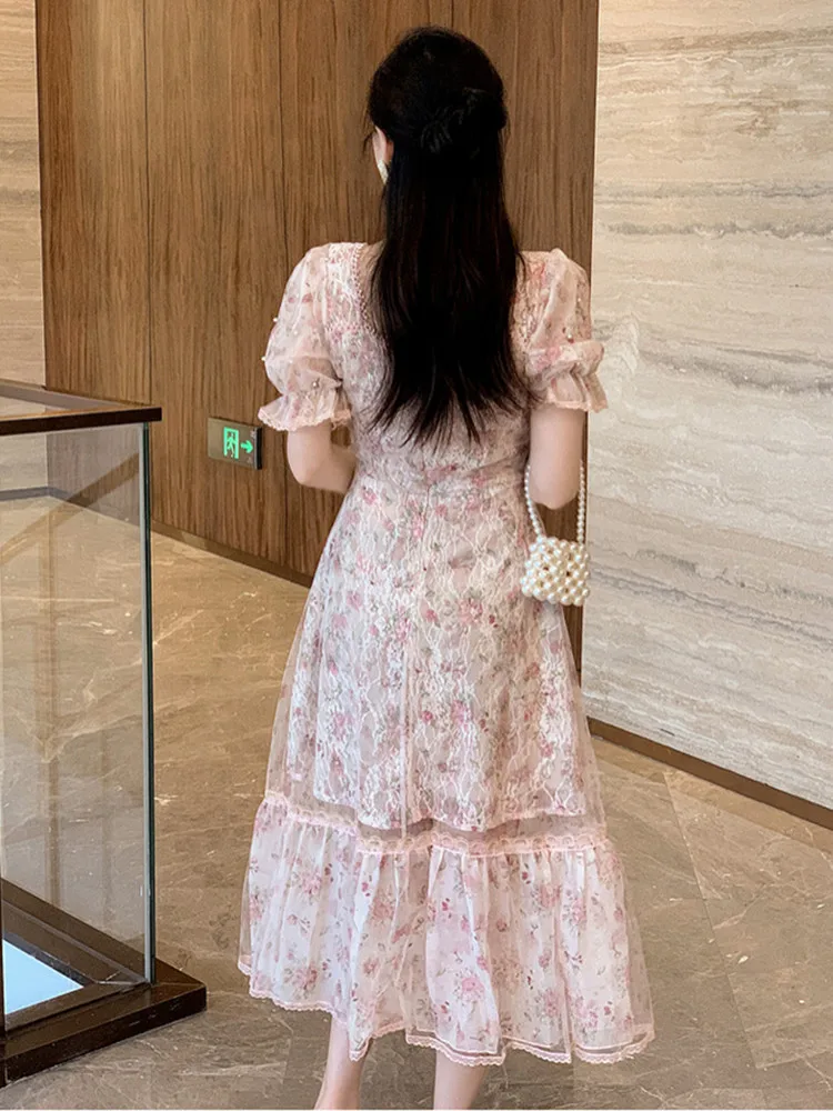 French Vintage Floral Print Summer Dresses 2024 Sweet Squared collar Short Puff Sleeve Beaded Mesh Lace Party Vestidos De mujer