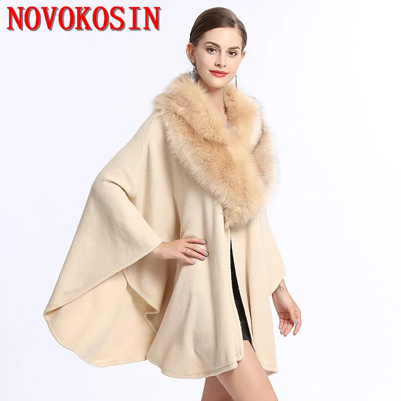 5 Color Solid Knitted Faux Cashmere Shawl Overcoat Women Big Faux Fox Trim Collar Loose Poncho Cape Winter Thick Outer Wear