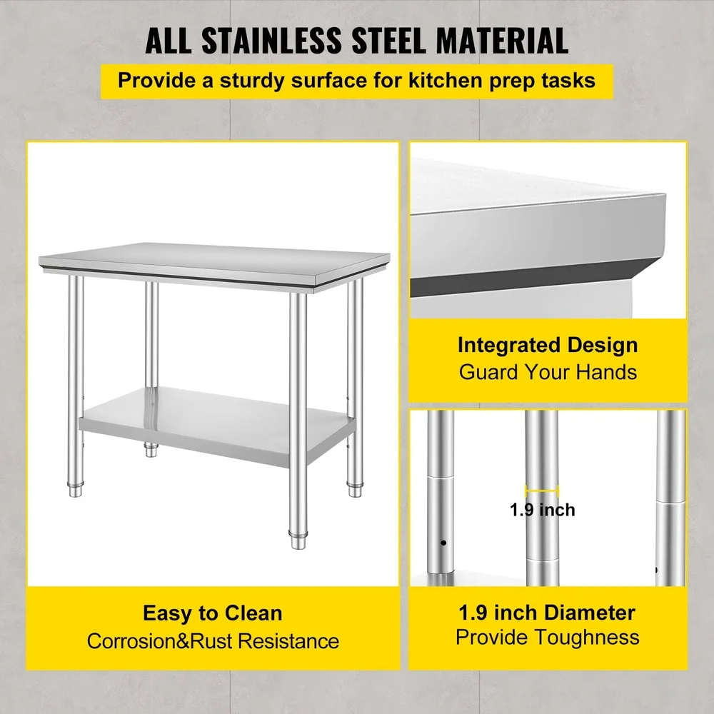 Heavy Duty Stainless Steel Prep Table 35x24x31 Inch Commercial Work Surface Adjustable Shelves 700 lbs Capacity NSF Certified