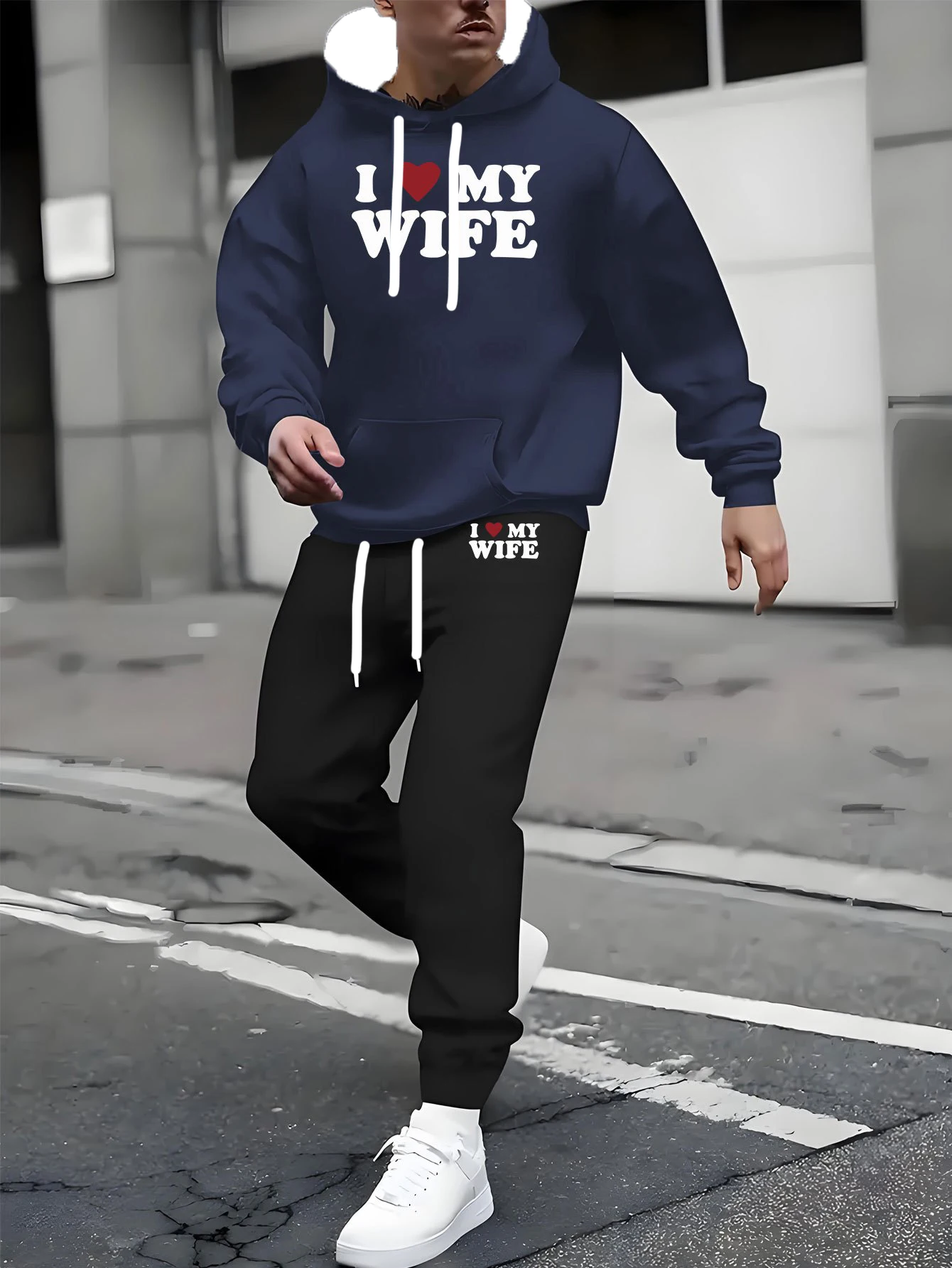 

Autumn and Winter Men Hoodie Set I Love My Wife Printed Pattern Street Sports Hoodie Set Quick Drying and Breathable Hoodie Set