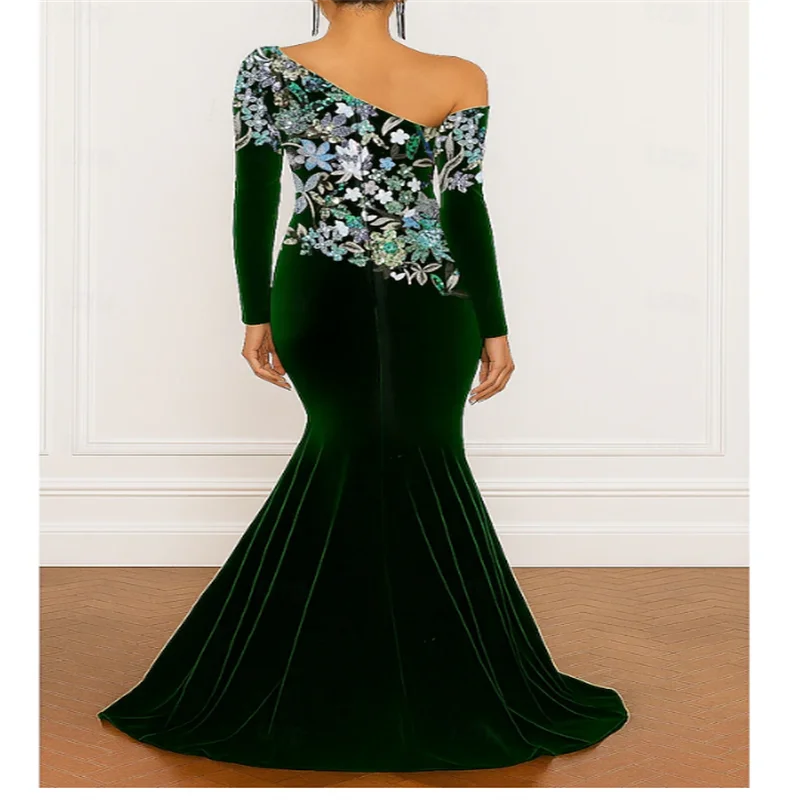 

Зеленое вечернее платье русалки/трубы Элегантное вечернее платье Торжественное свадебное платье длиной до пола с длинным рукавом на одно плечо Бархатное индивидуальное платье