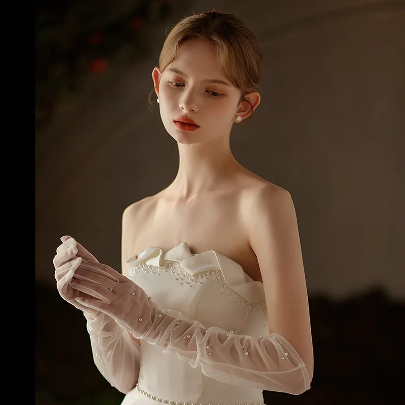 Long Slim Fingerless Bridal Gloves Versatile Mesh Beaded Wedding Flare Sleeves Wedding Gloves