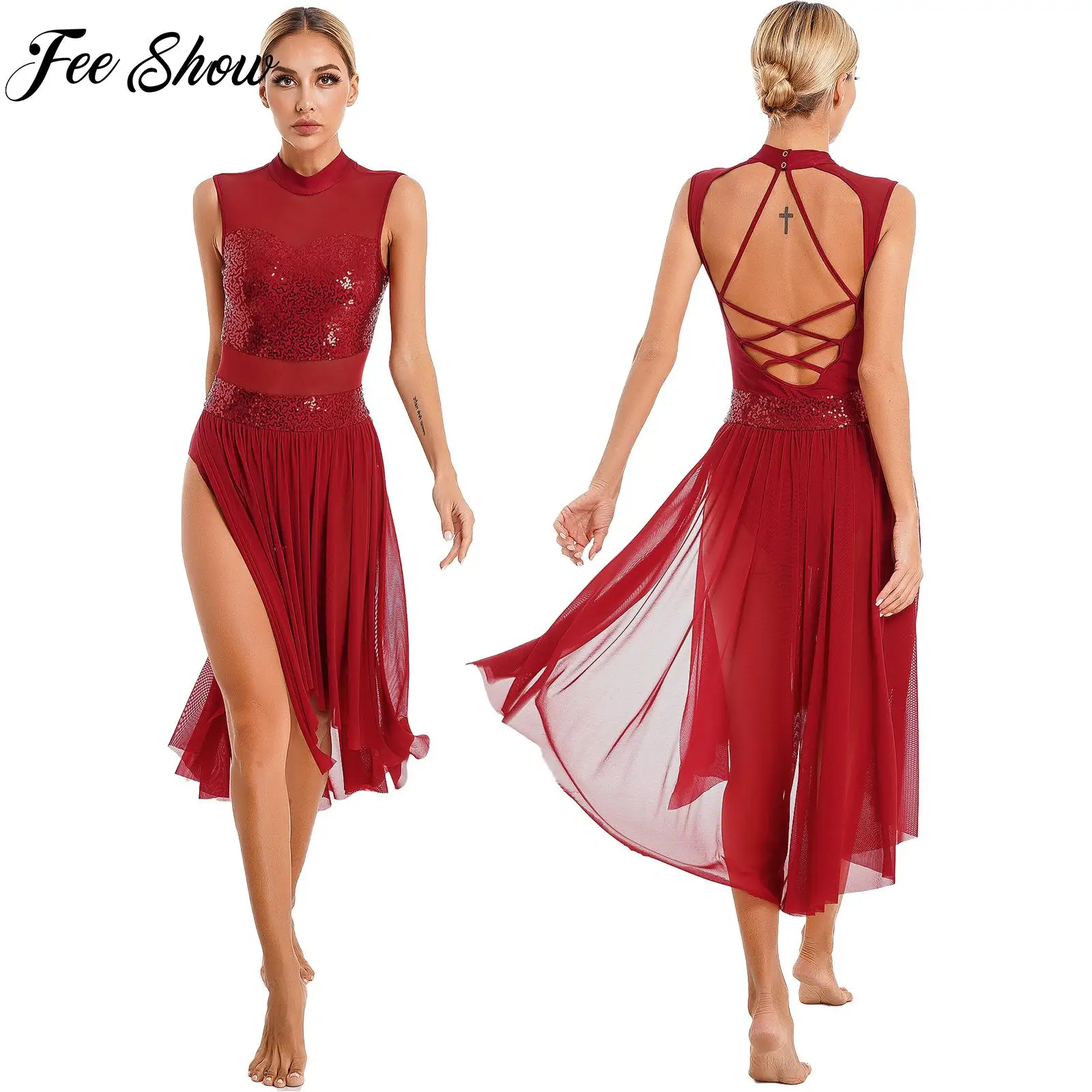 

Womens Dance Performance Costume Sparkly Sequins Backless Strappy Dress Sheer Mesh Patchwork Sleeveless Leotard Dresses