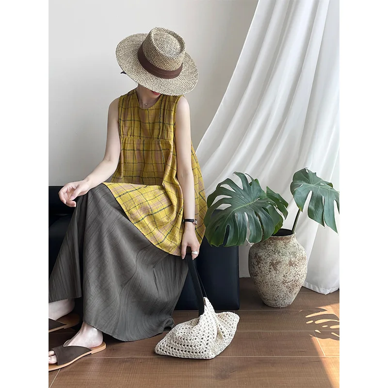 

Color Blocking Checkered Doll Shirt for Women, Lazy, Loose, Sleeveless, Thin Vest Shirt