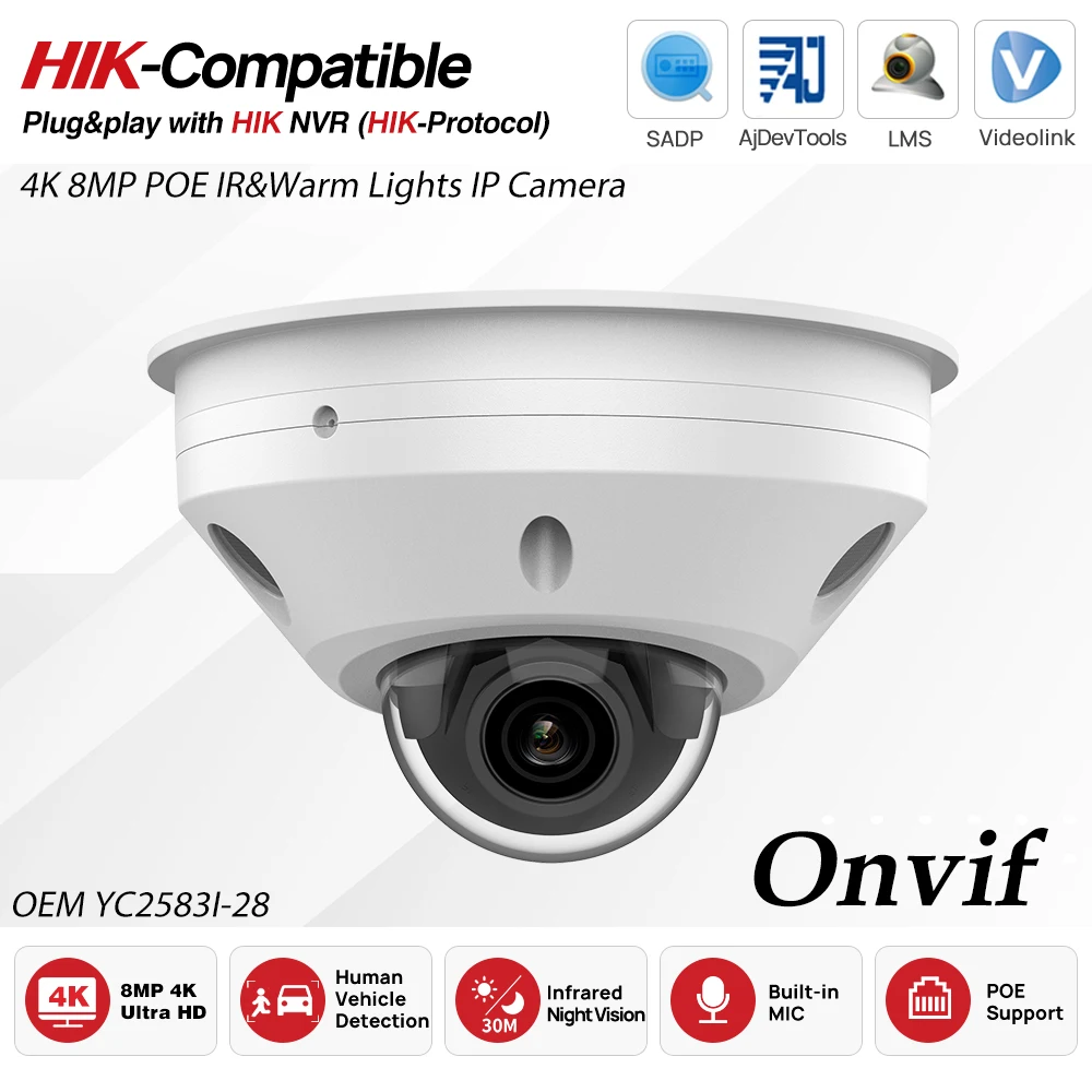

Hikvision Compatible OEM 8MP POE IR&Warm Lights IP Camera MD2.0 Mini DOME Security Camera True plug & play with Hikvision NVR