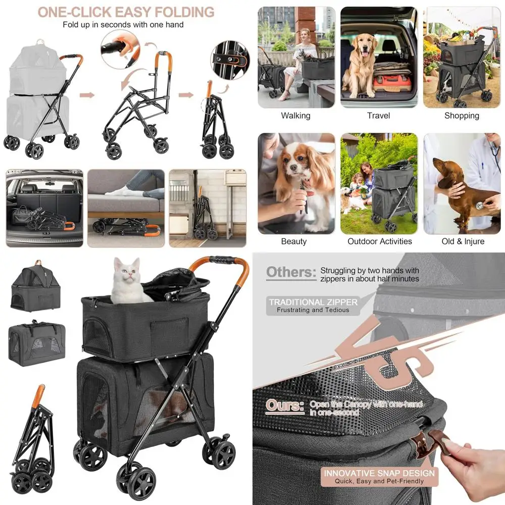 

Lightweight Detachable Pet Stroller for Small Dogs & Cats, Travel Carriage with Storage Basket, One-Click Fold & Foot Brake