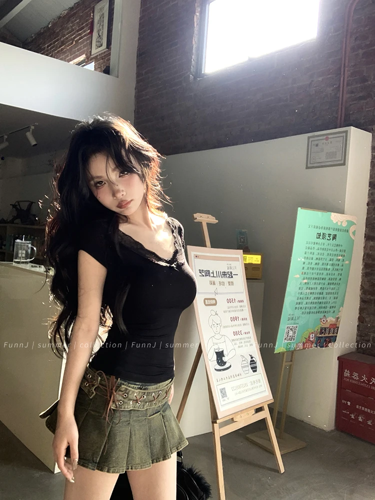 Tonngirls Sexy Cotton T Shirt Women Lace Patchwork Y2k Vintage Crop Tops Streetwear Korean Style Tshirts Skinny Summer Tee Tops