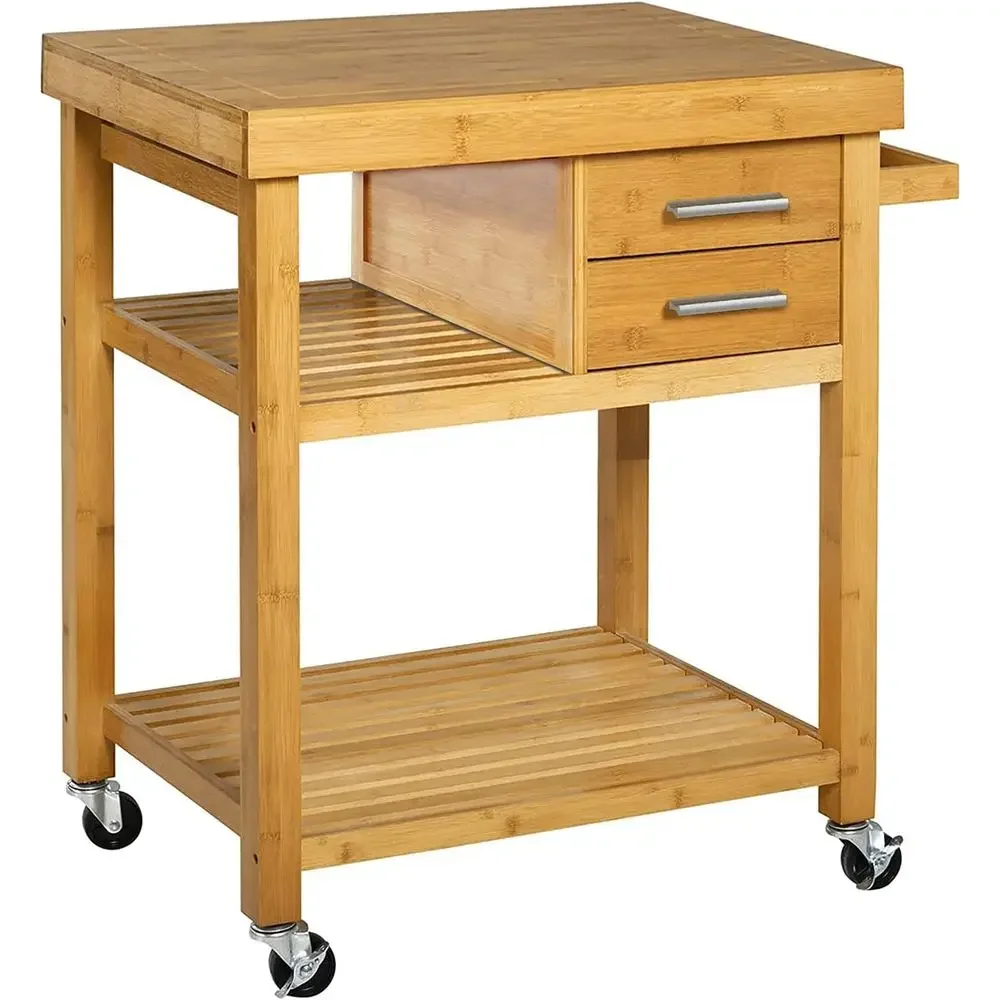 Rolling Kitchen Island Cart with Ders Shelves, Towel Rack, Locking Casters, Butcher Block ood Prepping Cart Trolley on Wheels, B