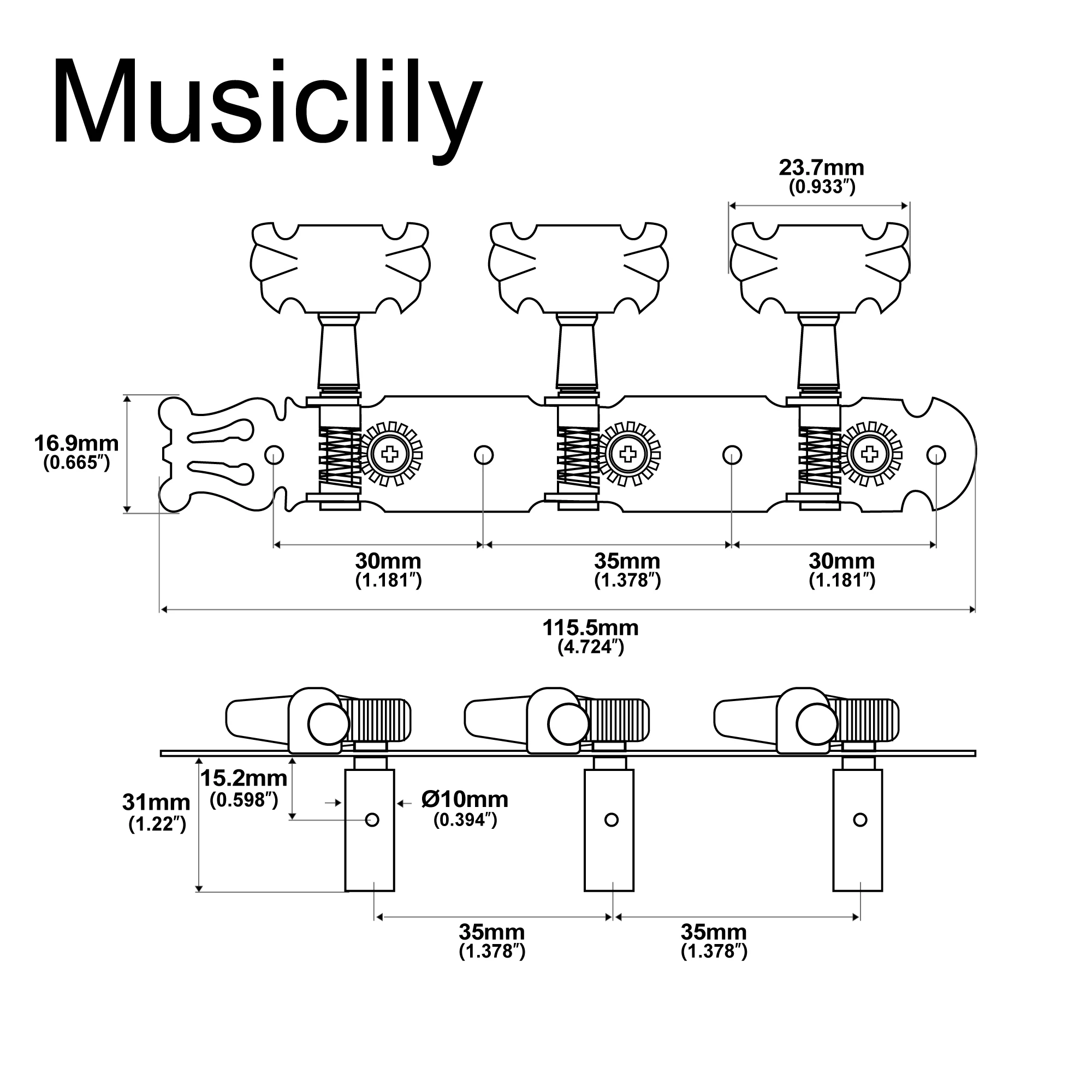 Musiclily Pro 3 on a Plate Lyra Style Classical Guitar Machine Heads Tuning Pegs Keys Tuners Set, Butterfly Button