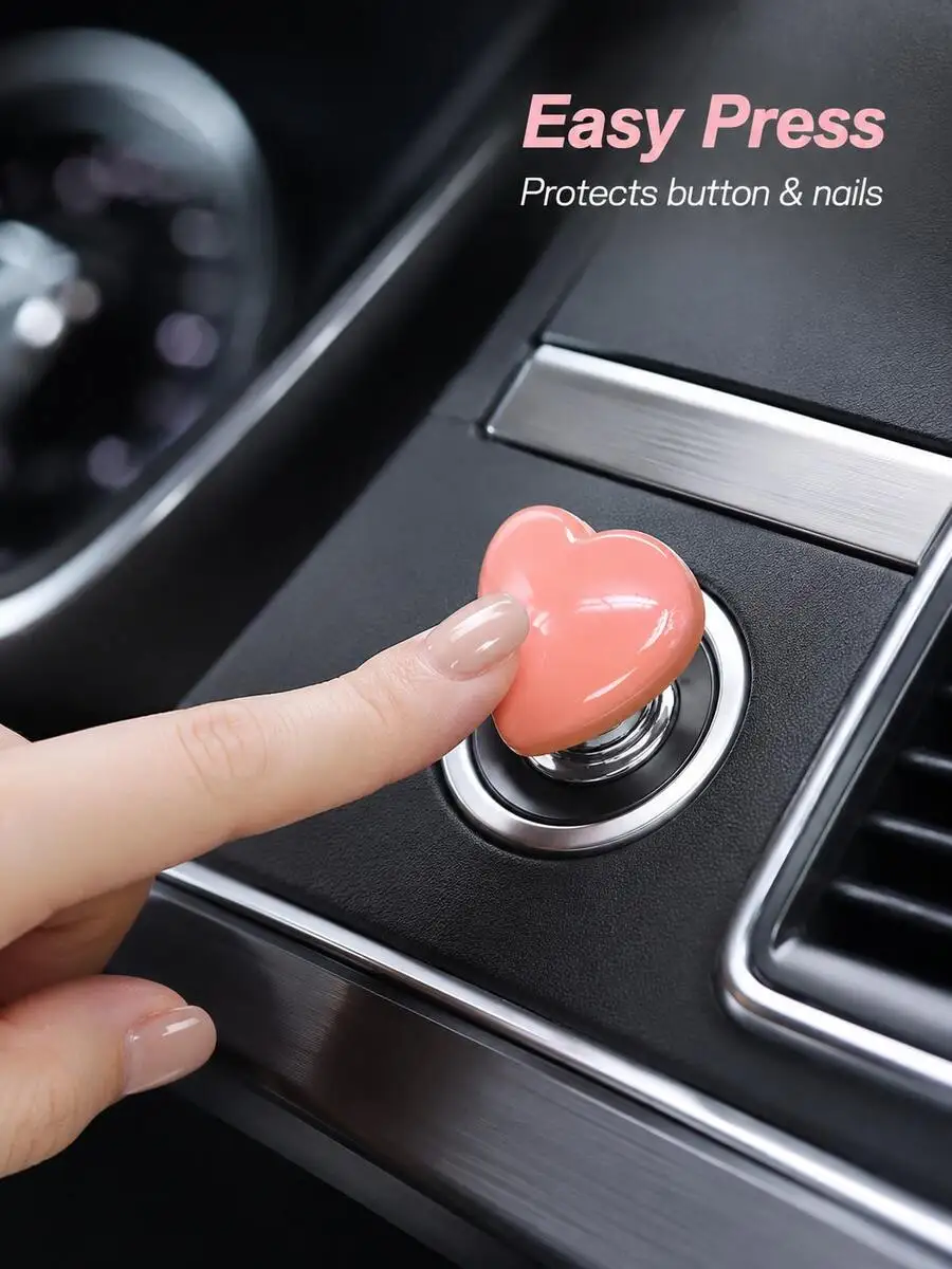 2pcs Glossy Solid Resin Heart-Shaped Car One-Touch Start Button Decorative Cover, Soft Peach Pink Girly Style Ignition Switch