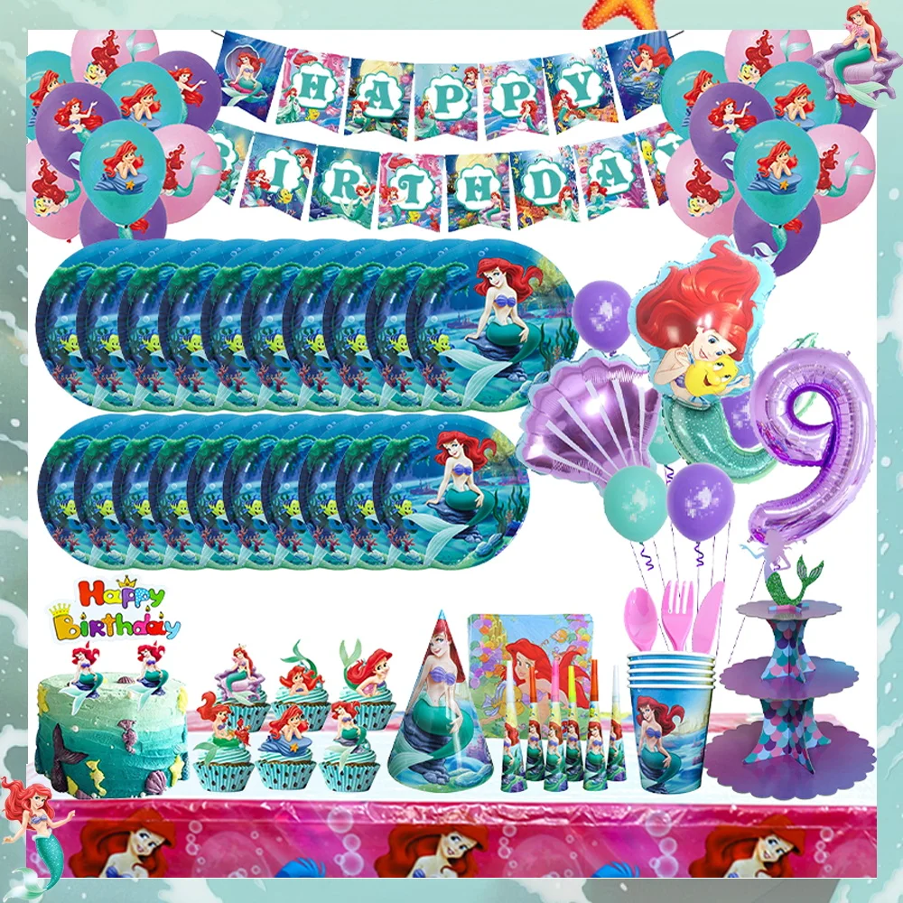 Disney The Little Mermaid Ariel Birthday Party Decorations Tableware Paper Cups Plats Napkins Balloons Baby Shower Supplies Kids