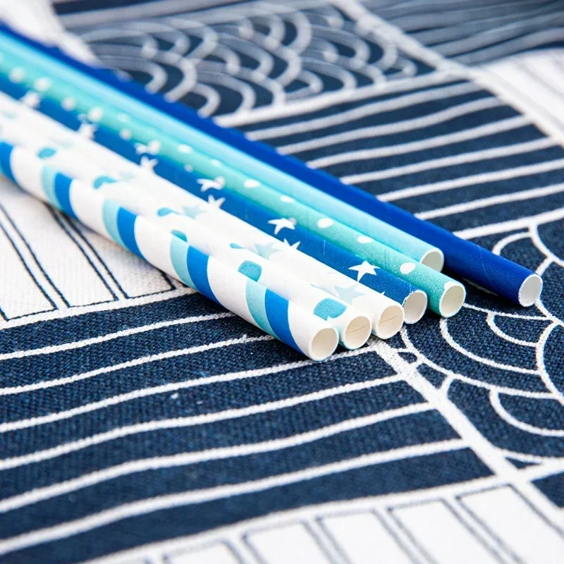 25/50pcs Disposable Paper Straws Degradable Paper Blue Series Party Tableware Wedding Decoration Supplies Kids Birthday
